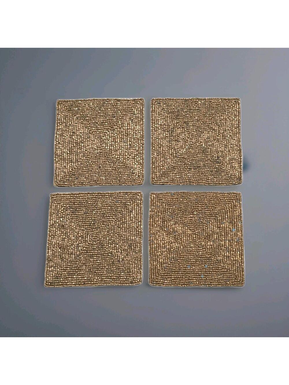 Kim Seybert NYC Beaded Glass Natural Stone Coasters Set Of 4 Gold Handmade Decor